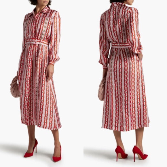 Lisou Dresses & Skirts - NWT Lisou Alina Silk Twill Pink Red Link Print Belted Button Front Shirt Dress